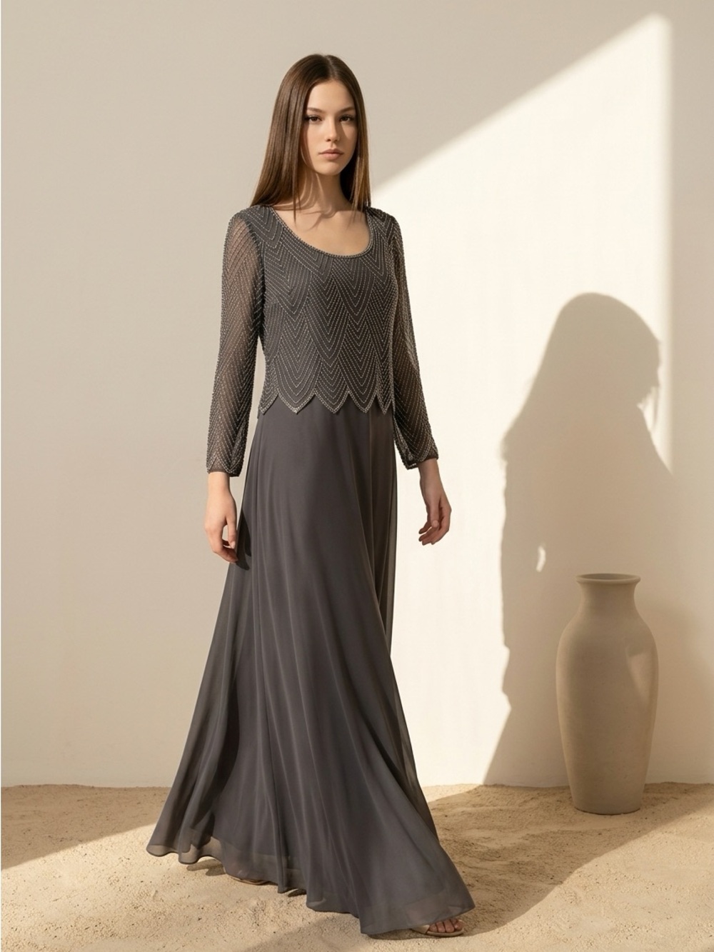 J Kara Charcoal Gray Beaded Overlay Maxi Dress